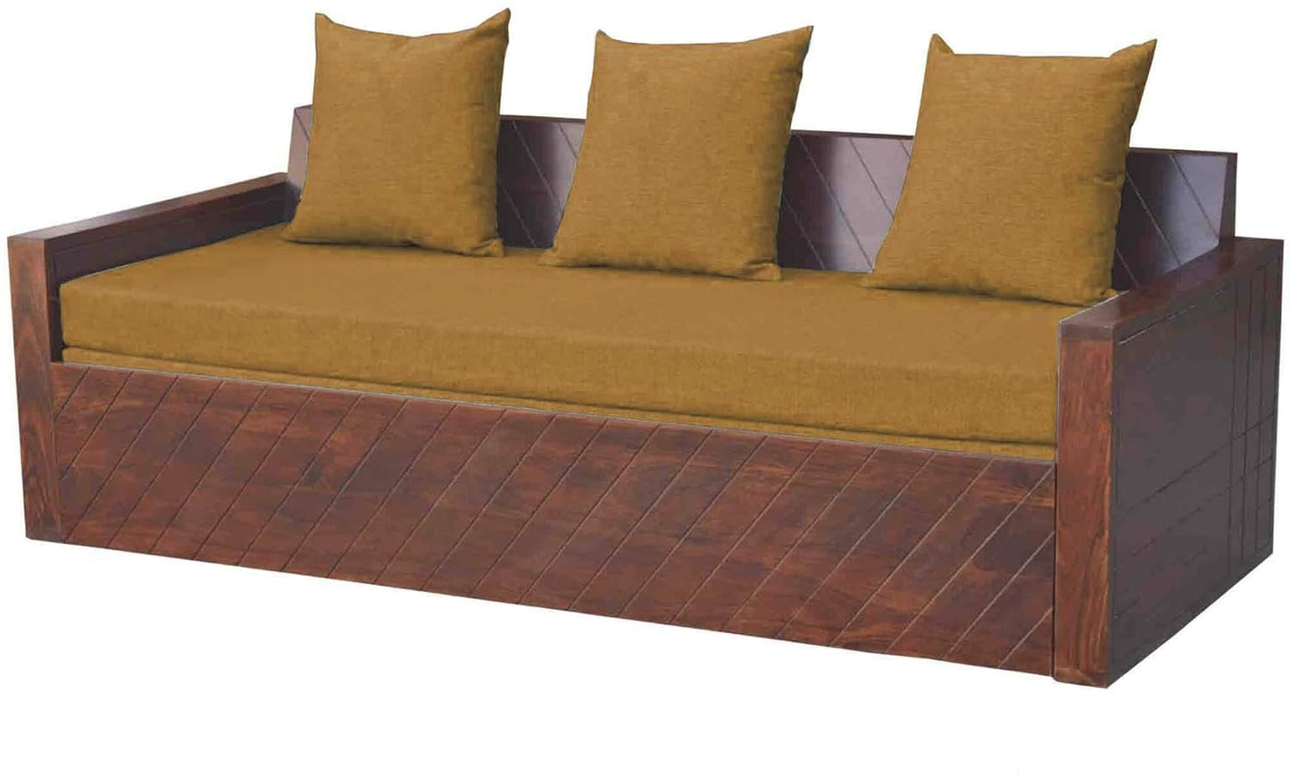 APRODZ Compak Solid Sheesham Wood Sofa Cum Bed (Rosewood - Ochre Yellow Fabric + Brown)