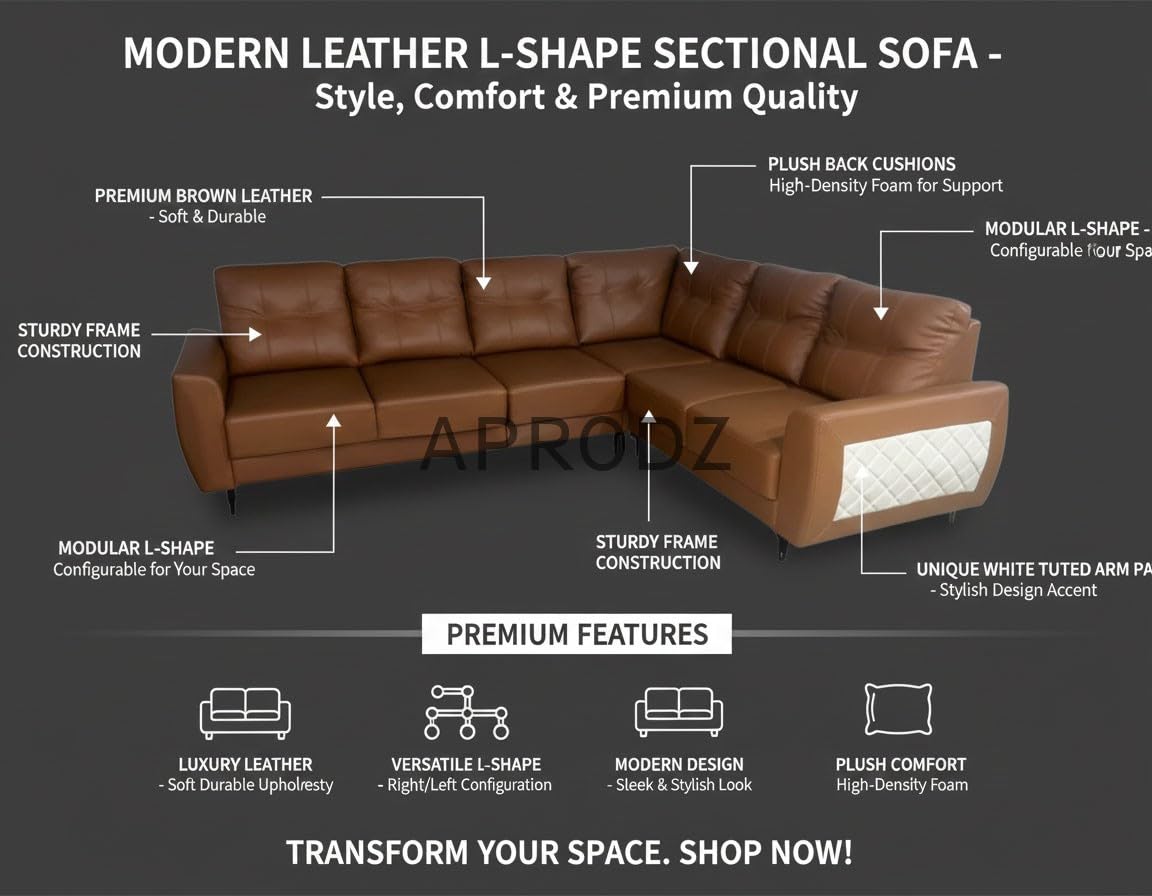 L-Shaped Sectional 6-Seater Sofa Padded Armrest Faux Leather Perfect Fabric Corner Sofa for Guests Living Room, Drawing Room, Office & Lounge (Brown)