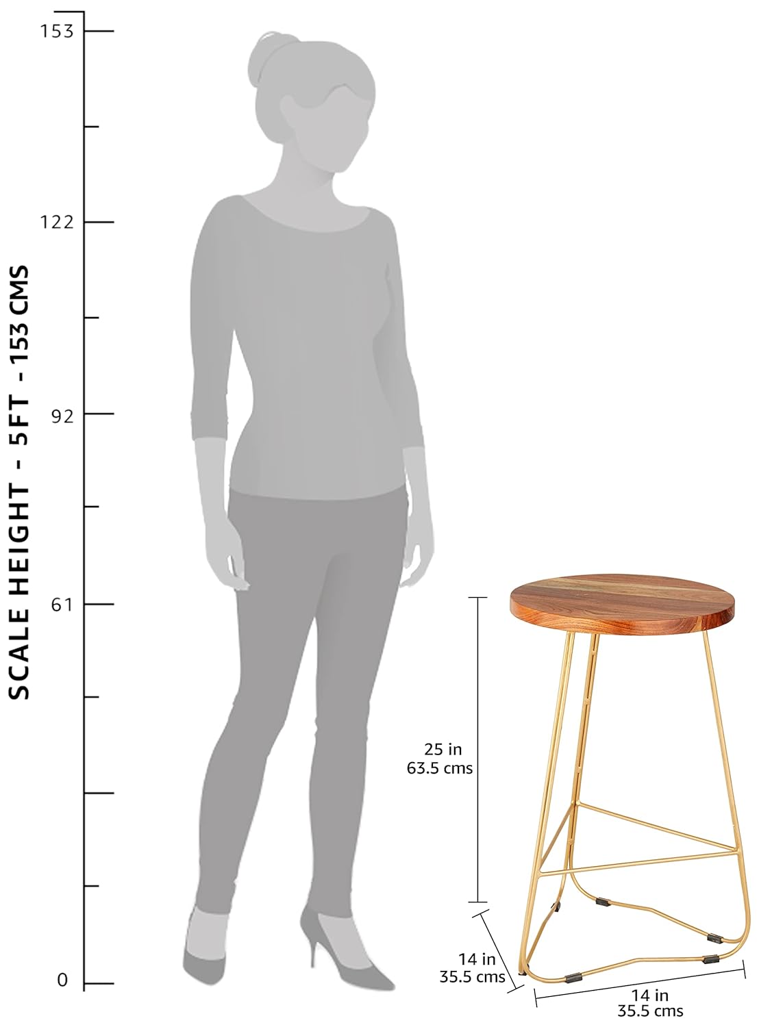 Backless Modern Counter Height Bar Stool, 25-Inch, Gold Metal Base with Natural Wood Finish Seat | Stool Set of 1