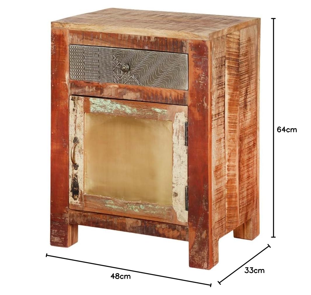 Mango Wood Izola One Door and One Drawer Selves Bedside Storage Table for Bedroom | Mahogany Finish