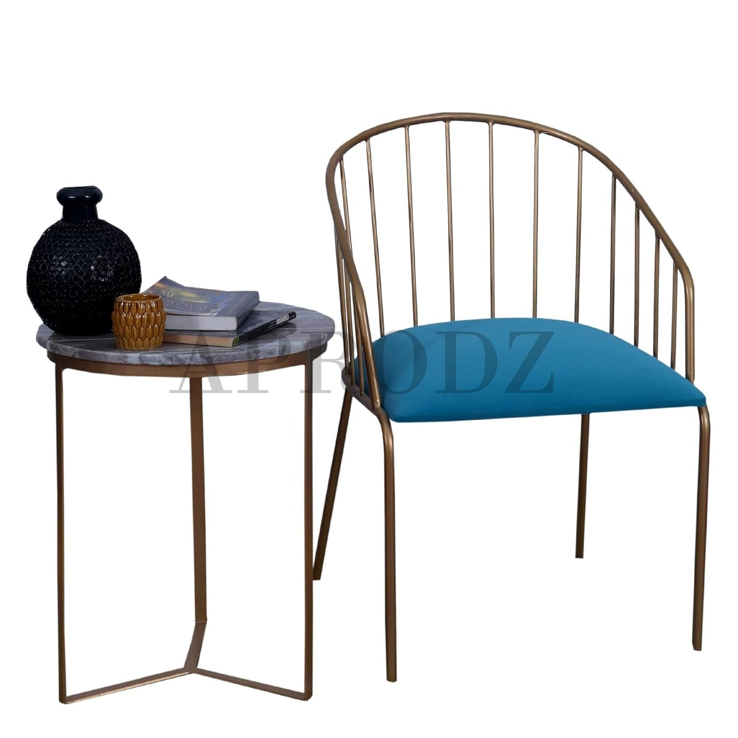 Kampi Upholstered Velvet and Metal Dining Outdoor Restaurant Chair Set for Home | Set of 2 Chair | Light Blue + Gold Powdercoated Finish