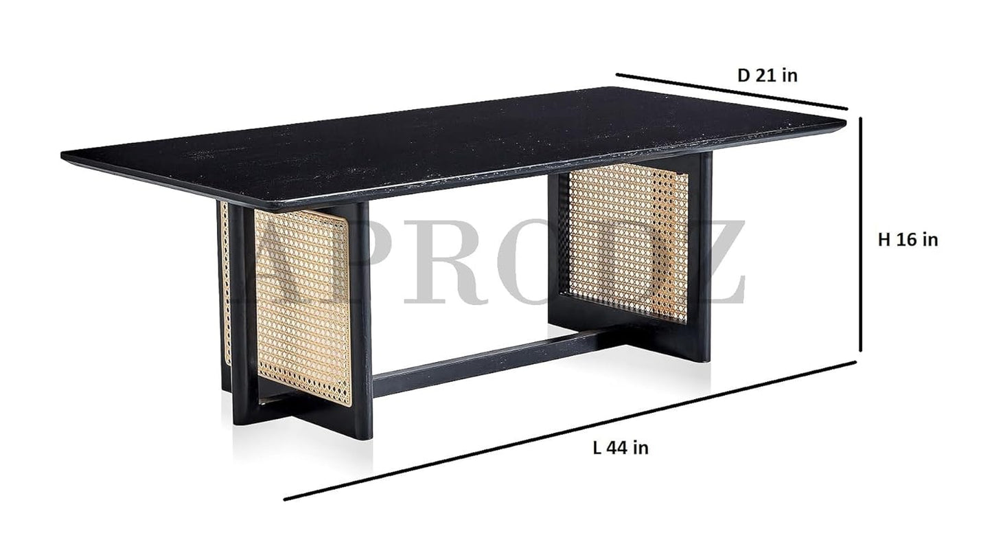 Black Rectangular Coffee Table | Modern Solid Wood & Rattan Coffee Table