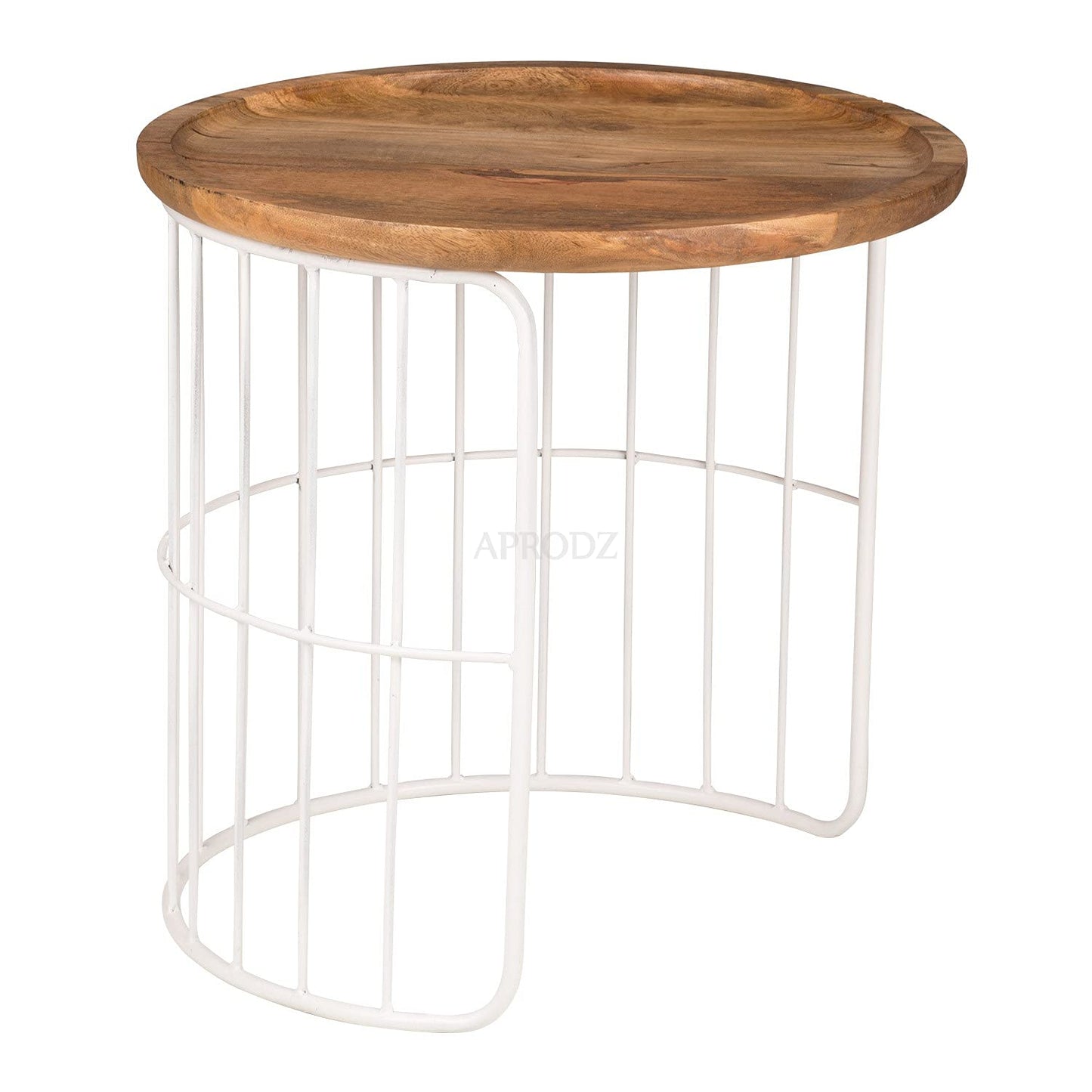 APRODZ Round Auxiliary Solid Wood and Metal Nesting Table (Mango Wood - Natural + White Powder Coated)