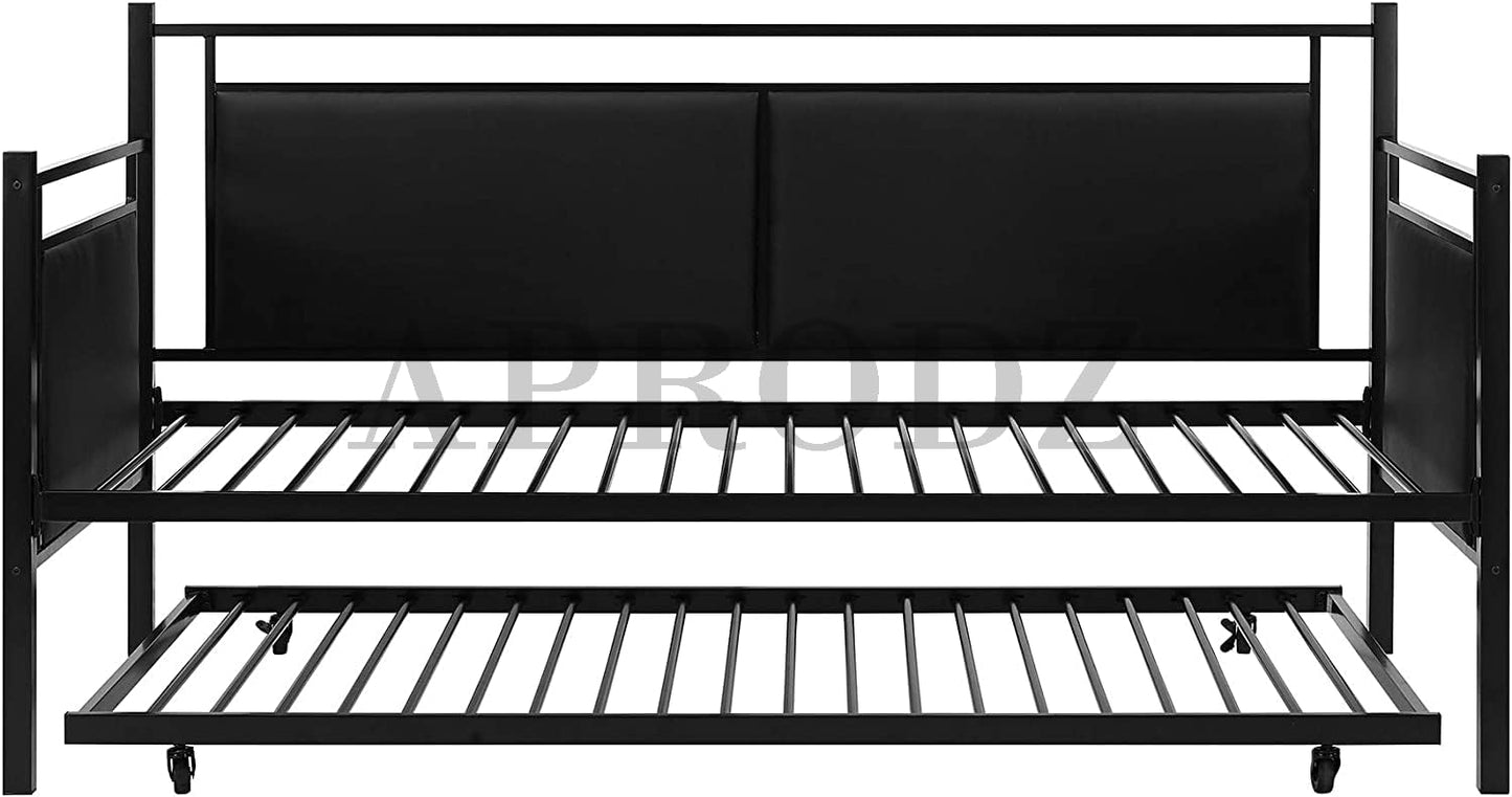 APRODZ Surte Twin Size Metal Daybed with Trundle Bed, (Mattress Included-Metal - Black Powdercoated)