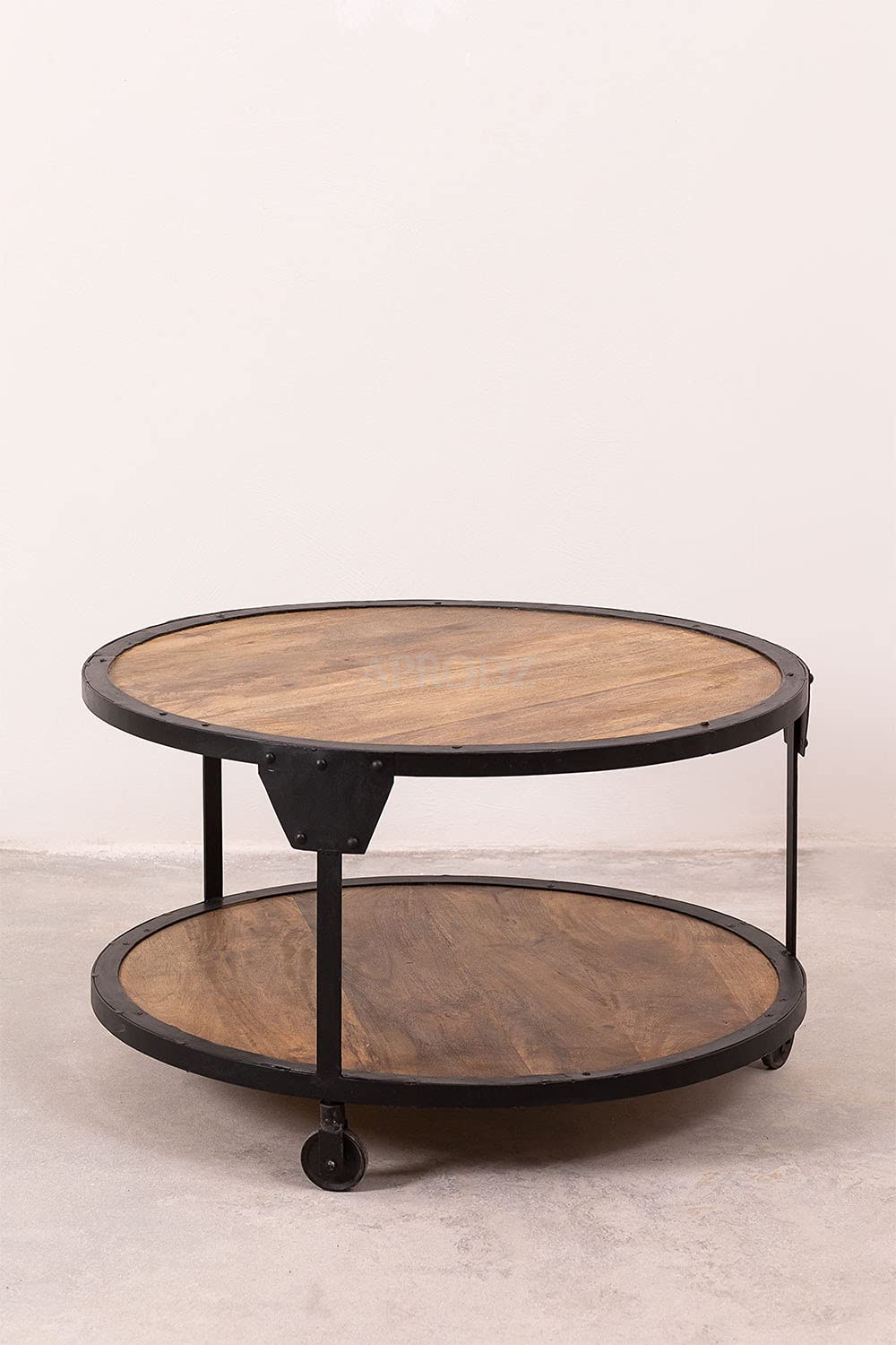 Round Solid Wood Top and Metal Base Wire Type Coffee Table (Mango Wood - Natural + Black Powder Coated)