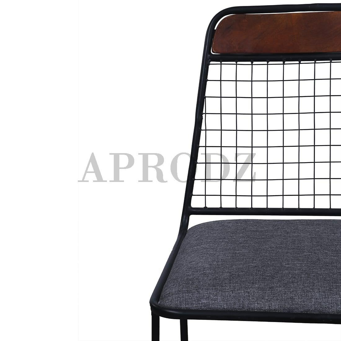 Halki Mango Wood and Metal and Upholstered Dining Outdoor Restaurant Chair Set for Home | Set of 2 Chair | Light Grey Fabric + Teak + Black Powdercoated Finish