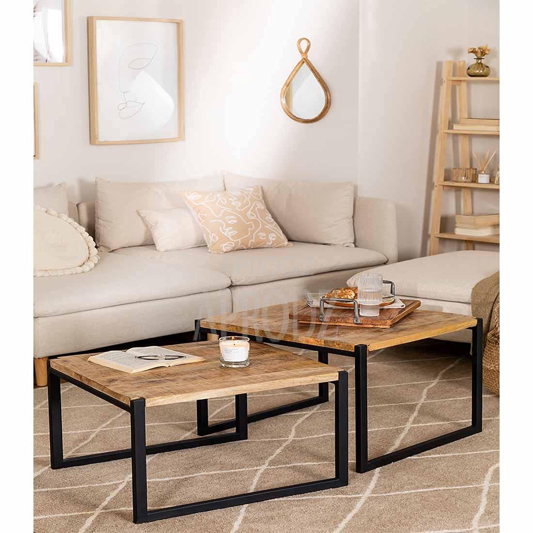 APRODZ Solid Wood and Metal Coffee Table (Mango Wood - Natural + Black Powder Coated Set of 2)