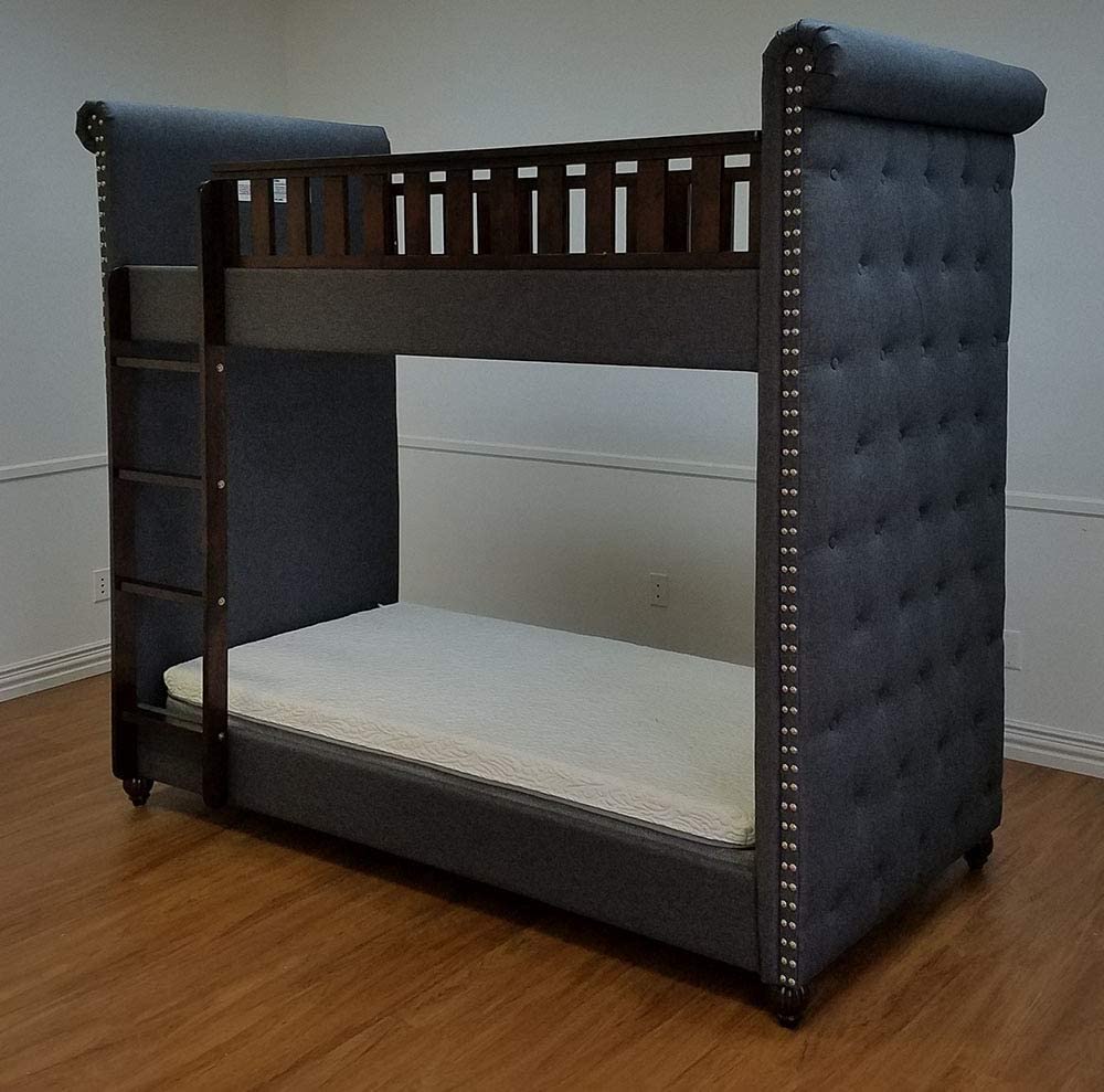 APRODZ Cindy Upholstered Bunk Bed for Bedroom (Fabric Upholstered-Denim Blue + Dark Brown)