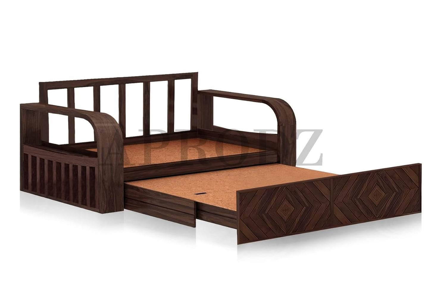 Sheesham Wood Sofa Cum Bed, 3 Seater, with Blue Upholstery, Diamond Pattern Design (75 x69 x30 Inch)