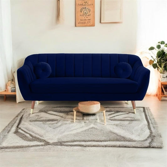 Lumina Modern Velvet Upholstered 3-Seater Sofa with Channel Tufted Backrest & Golden Metal Legs | Stylish Mid-Century Couch for Living Room & Lounge