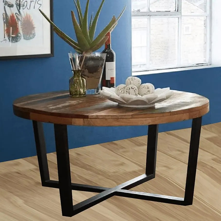 Round Mango Wood Coffee Table | Unique Farmhouse Center Table | Stylish Wooden Accent Table