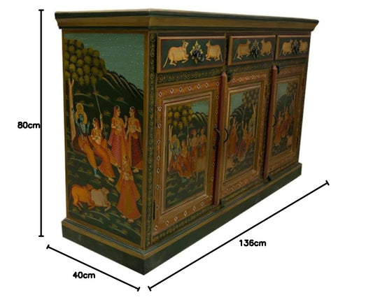 APRODZ Wooden Handpainted Cabinet | Cabinet for Storage Wooden Furniture | Radha Krishna Sideboard | Bedroom | Mango Wood..