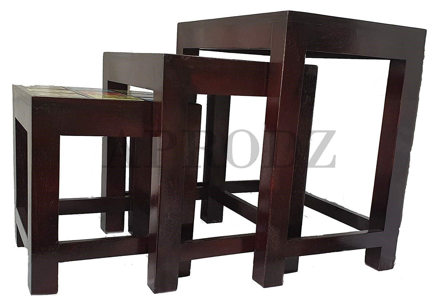 APRODZ Handicraft Tiles Wooden Ethnic Stool Cum Nesting End Table Pack of 3 Portable Bedside Tables for Living Room (Multicolor)