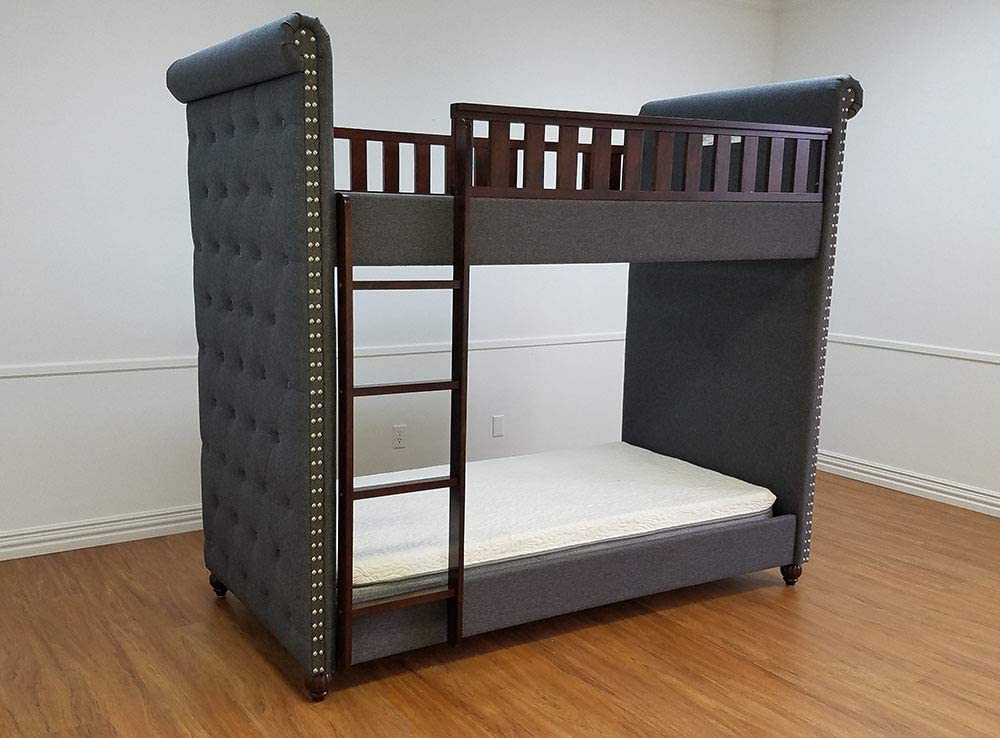 APRODZ Cindy Upholstered Bunk Bed for Bedroom (Fabric Upholstered-Denim Blue + Dark Brown)