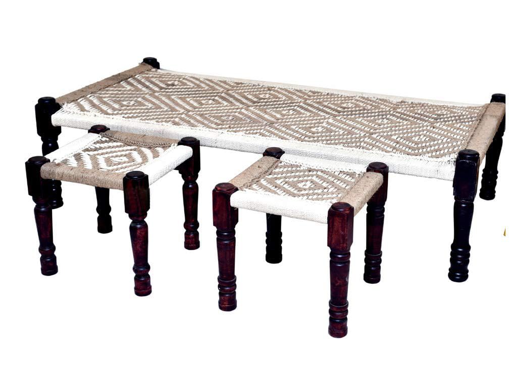 APRODZ Wooden Bench | Colorful Bench for Seating | Sheesham Wood | Cotton Rope | Sitting Bench for Balcony - Home - Garden | Charpai (CRF-2, Medium)