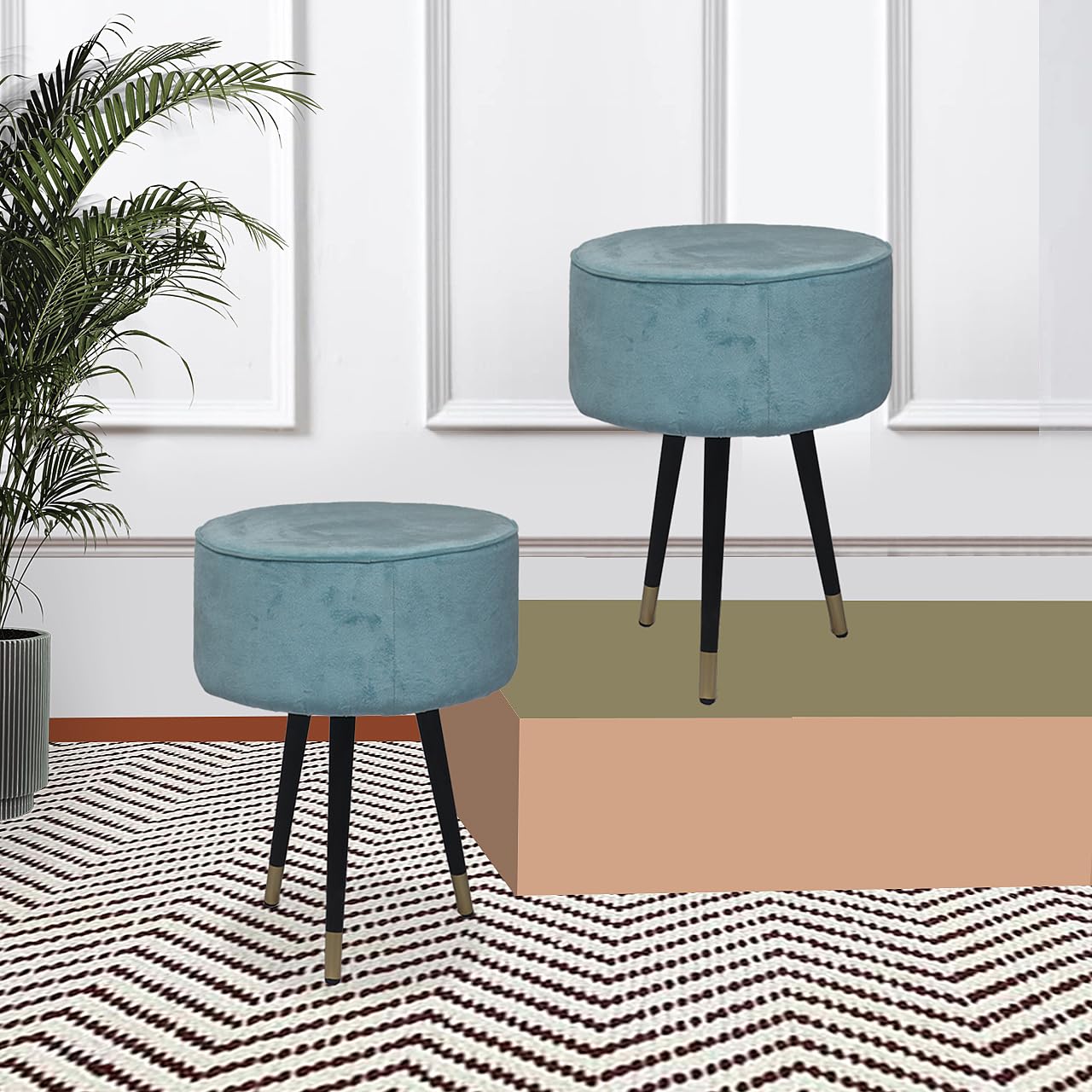 Upholstered and Steel Frame Puffy Stool Grass Green Fabric + Black Powdercoated - Set of 2