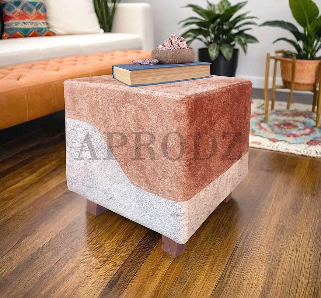 Square Printed Ottoman Stool Upholstered Foam Cushioned Pouffes for Living Room | Puffy Muddha Stool for Footrest & Sitting, Velvet Pouf Stool, Furniture for Home Decor, Office Set of 2 (Light Brown + Beige)