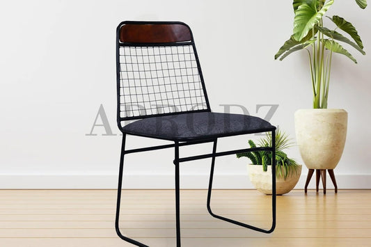 Halki Mango Wood and Metal and Upholstered Dining Outdoor Restaurant Chair Set for Home | Set of 2 Chair | Light Grey Fabric + Teak + Black Powdercoated Finish