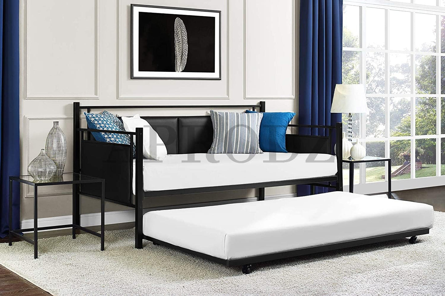 APRODZ Surte Twin Size Metal Daybed with Trundle Bed, (Mattress Included-Metal - Black Powdercoated)