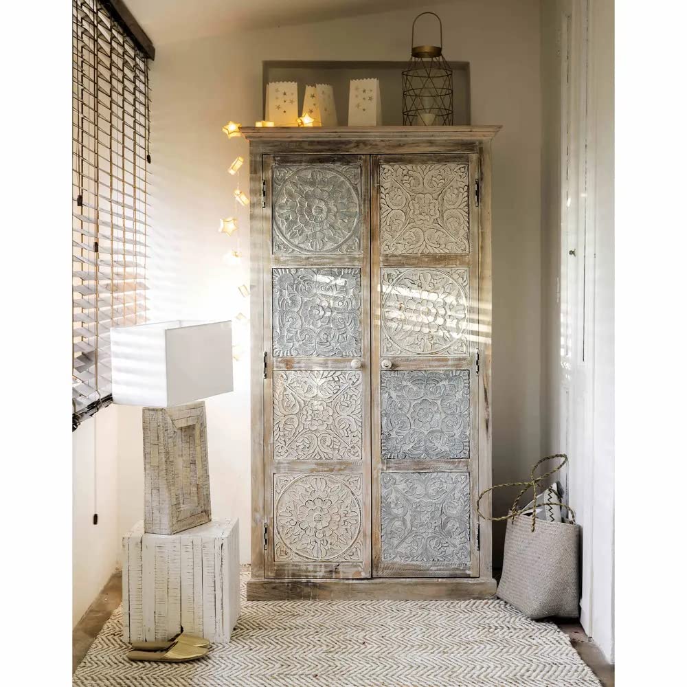 APRODZ Floreale Carved Mango Wood 2-Door Wardrobe Storage Almirah Cupboard for Cloths (White + Silver and Natural)