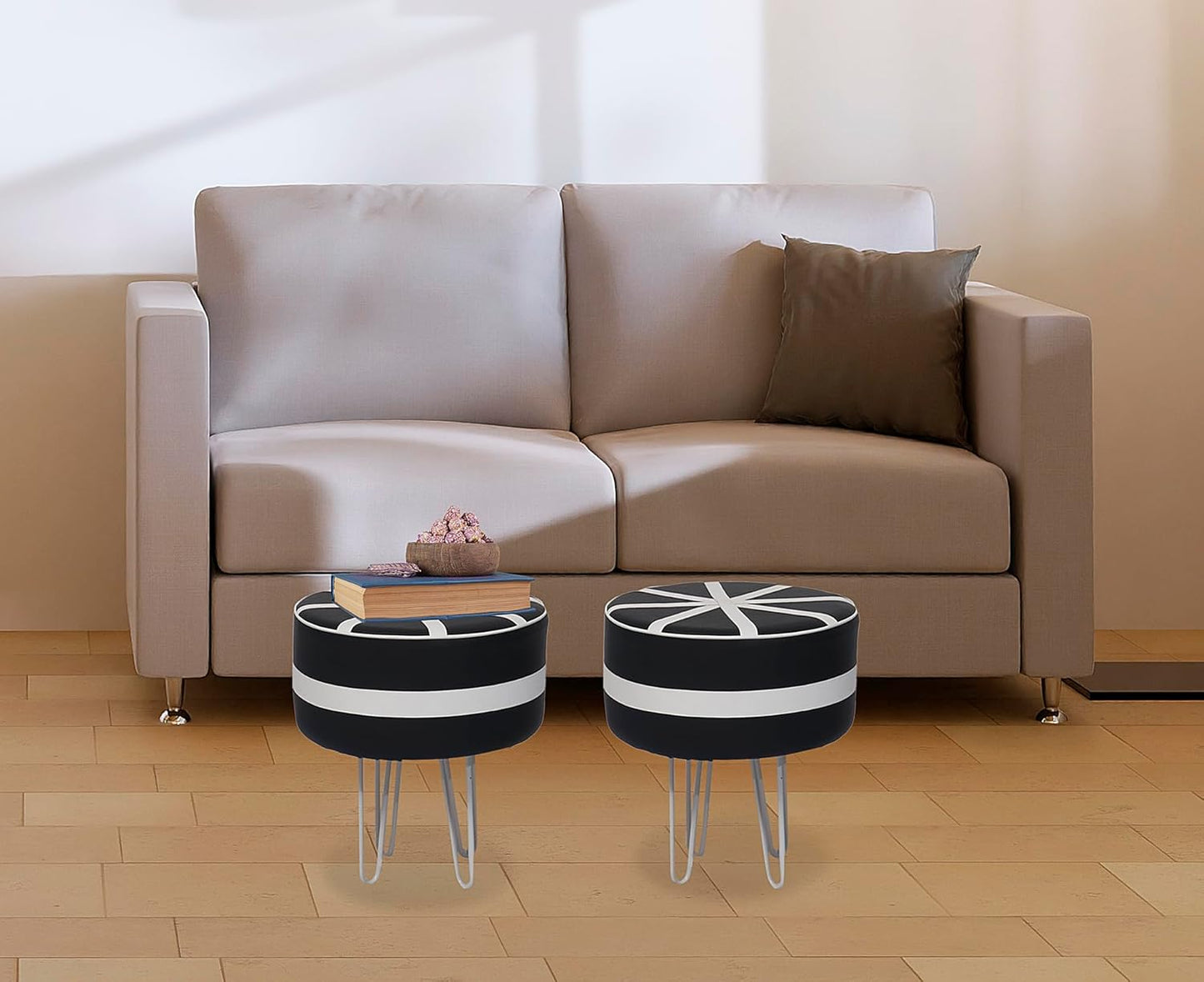 Upholstered and Steel Frame Puffy Stool Grass Green Fabric + Black Powdercoated - Set of 2