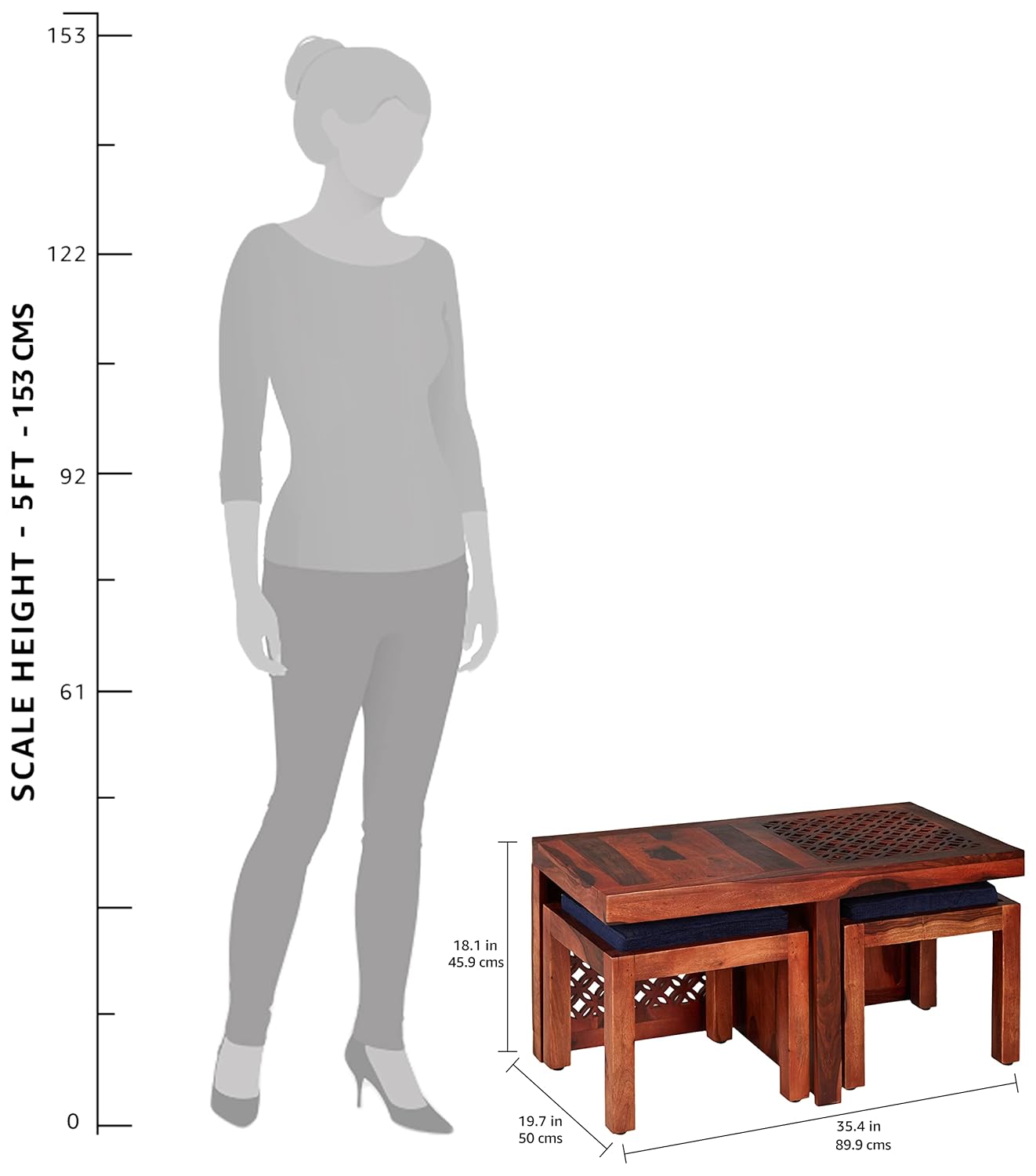 Sheesham Wood Jose Stylish Coffee Table with 2 Stools for Living Room Center Teapoy Table for Home | Brown Finish