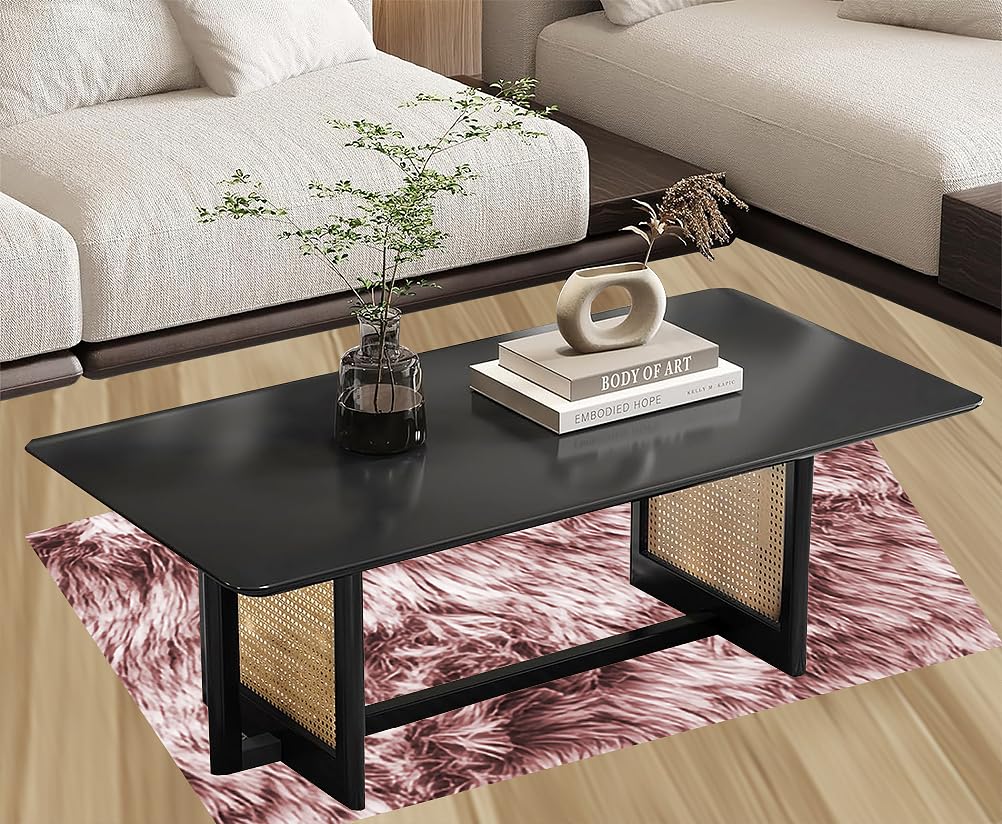 Black Rectangular Coffee Table | Modern Solid Wood & Rattan Coffee Table
