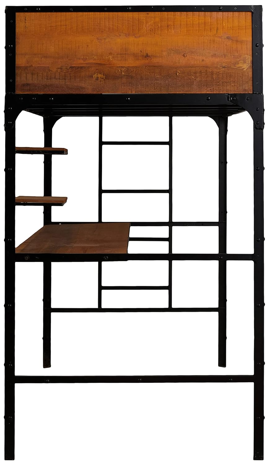 APRODZ Ellison Twin Size Bunk Bed with Work Station (Wood + Metal - Light Walnut and Black)