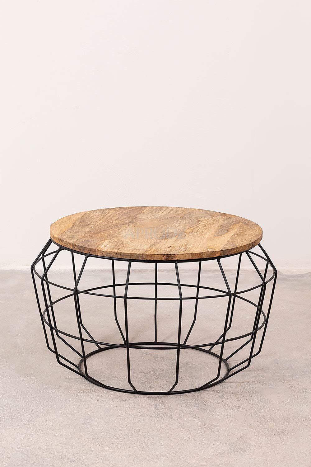 Round Solid Wood Round Top Center Coffee Teapoy Table for Living Room Furniture Portable Tea Table (Mango Wood - Natural + Black Powder Coated)
