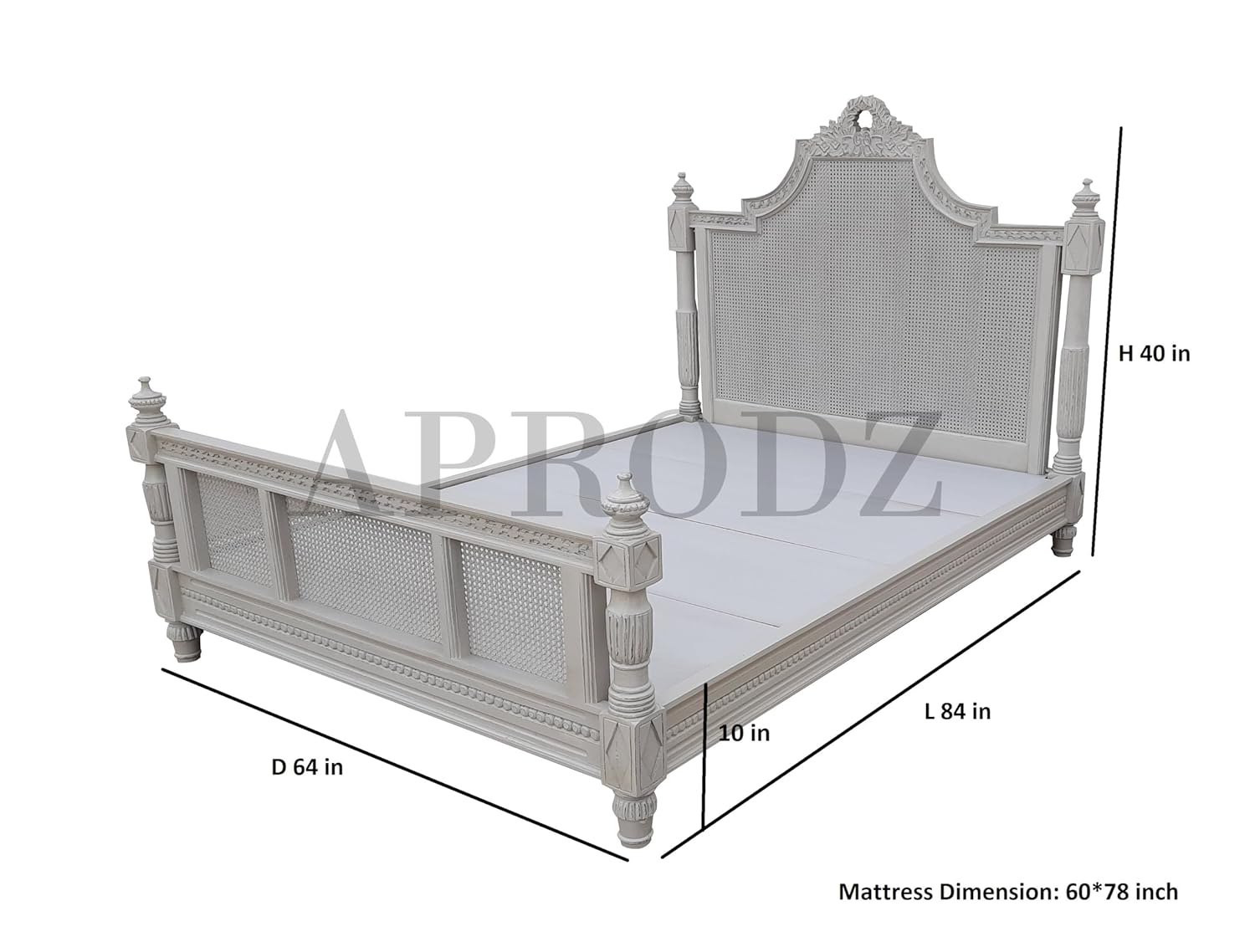 APRODZ Hand-Carved French Cane Bed - Exquisite Artisan Design - Premium Mango Wood in Light Grey