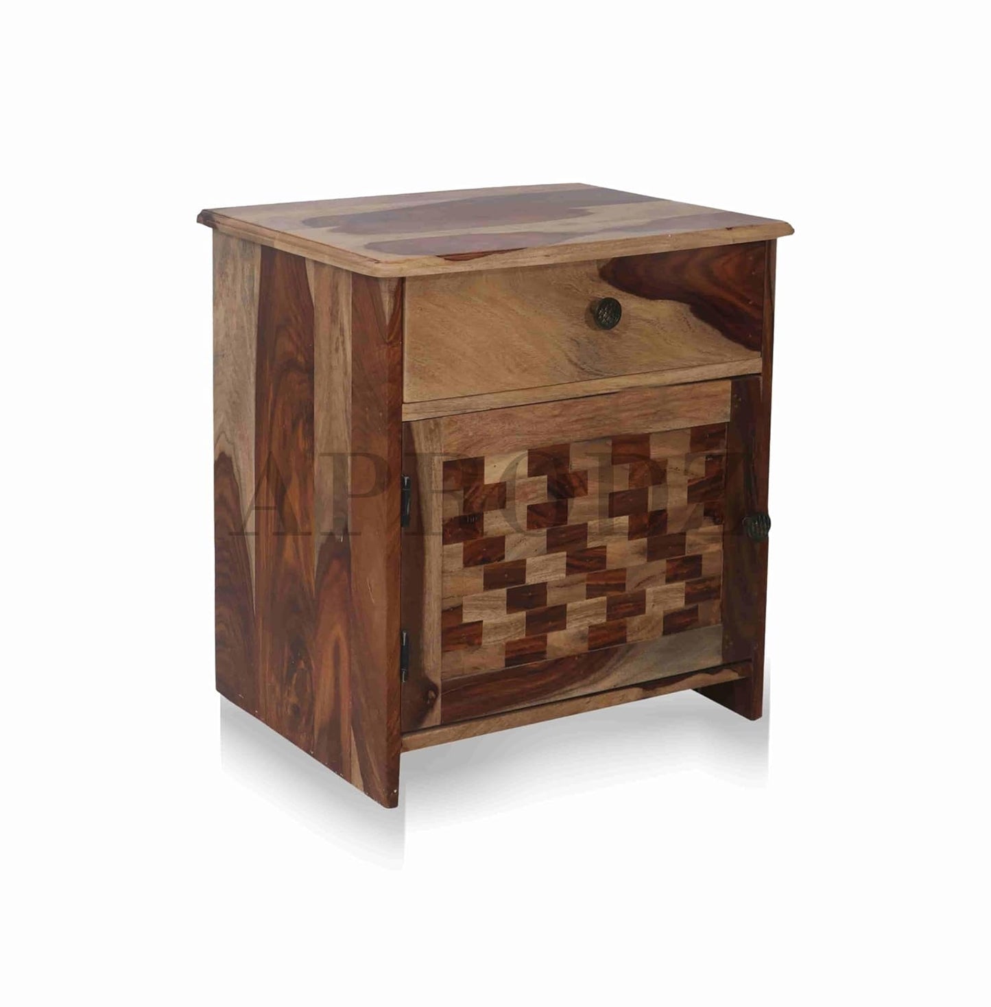 Solid Sheesham Wood Night Stand | End Table Tile Design 1 Drawer and 1 Door Bedside for Bedroom & Living Room (Natural)