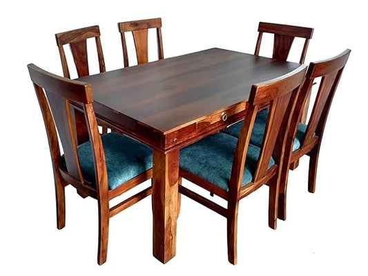 Noetic Solid Sheesham Wood 6 Seater Dining Table with Chairs (Rustic Teak Finish)
