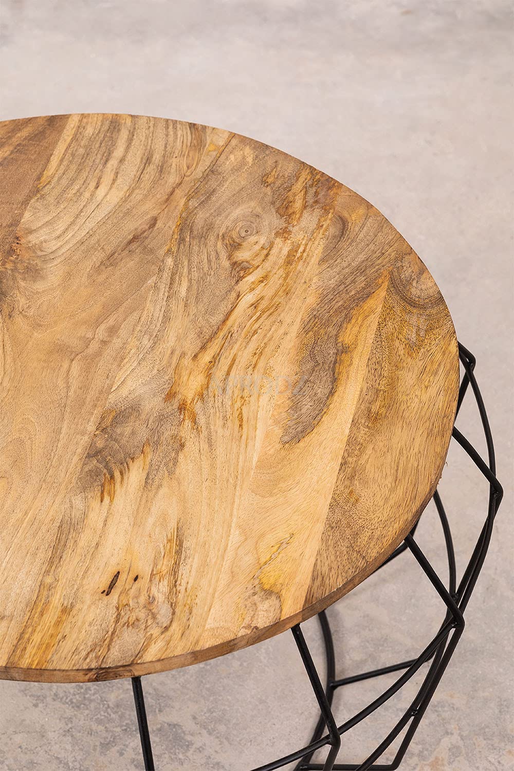 Round Solid Wood Round Top Center Coffee Teapoy Table for Living Room Furniture Portable Tea Table (Mango Wood - Natural + Black Powder Coated)