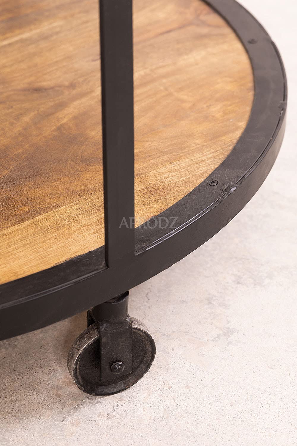 Round Solid Wood Top and Metal Base Wire Type Coffee Table (Mango Wood - Natural + Black Powder Coated)