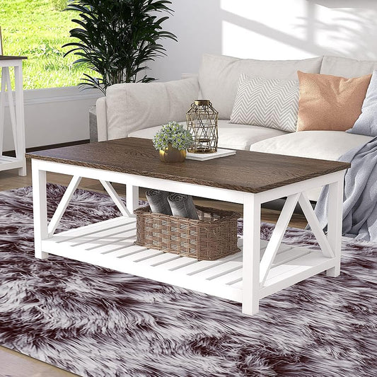 Vintage Farmhouse Coffee Table | Rustic White Living Room Center Table with Shelf