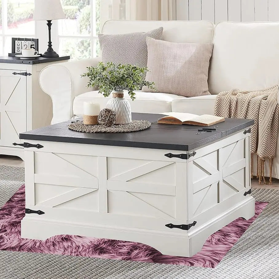 Chic White Square Coffee Table - Wood Center Table with Ample Hidden Storage & Hinged Lift Top for Cocktail Gatherings