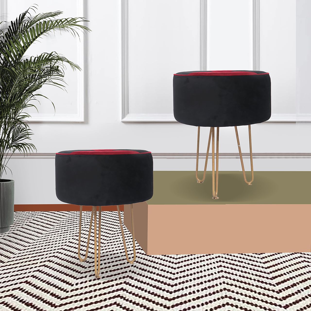 Upholstered and Steel Frame Puffy Stool Grass Green Fabric + Black Powdercoated - Set of 2