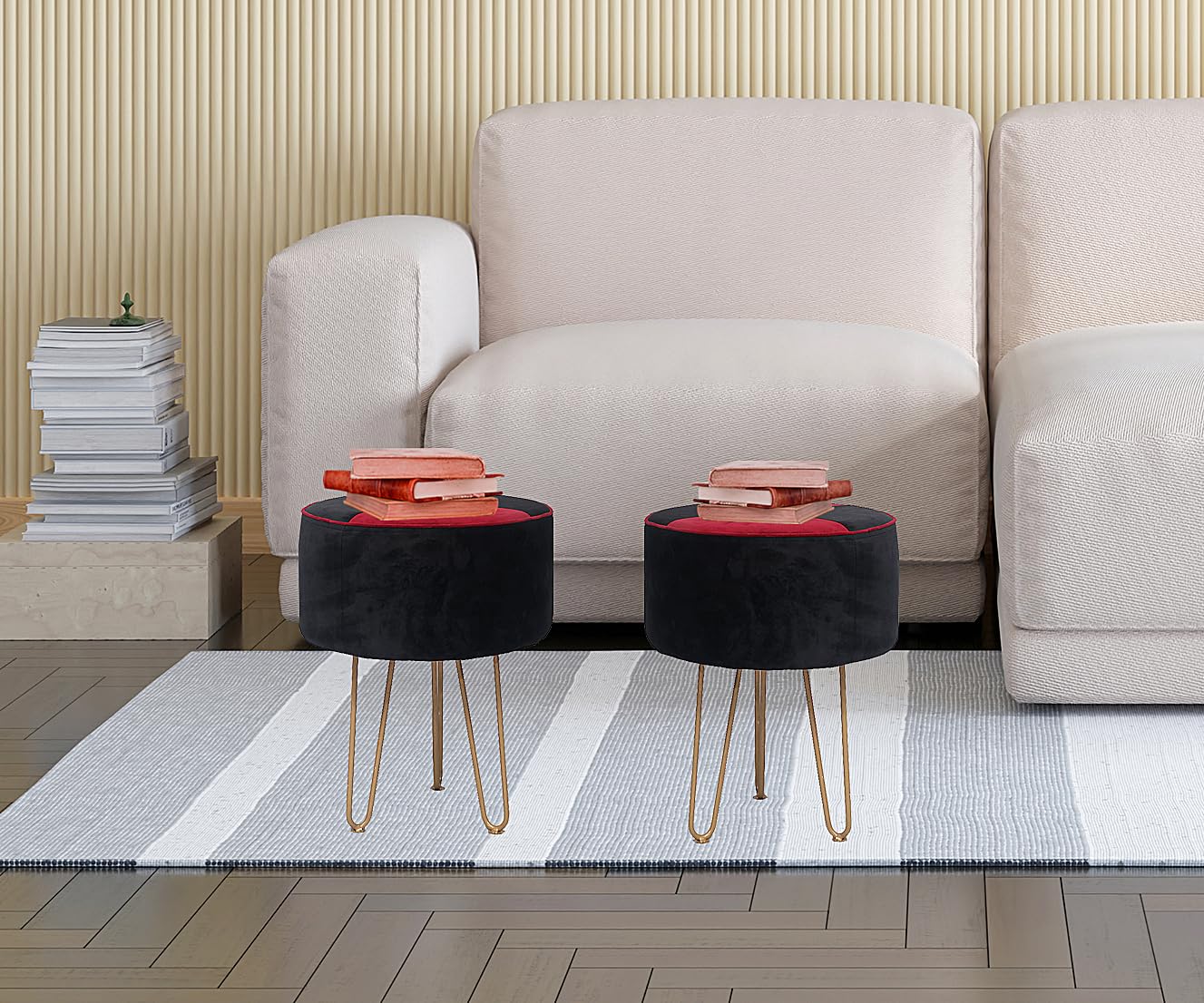 Upholstered and Steel Frame Puffy Stool Grass Green Fabric + Black Powdercoated - Set of 2