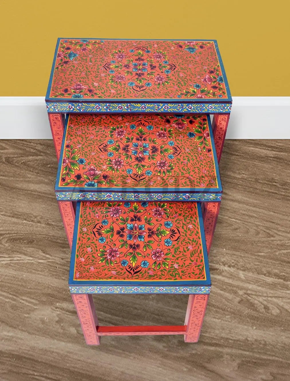 APRODZ Wooden Nesting Table Set of 3 Stools Portable Bedside End Table for Living Room Furniture (Multicolor)