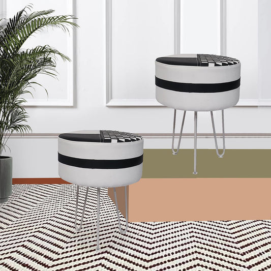 Upholstered and Steel Frame Puffy Stool Grass Green Fabric + Black Powdercoated - Set of 2