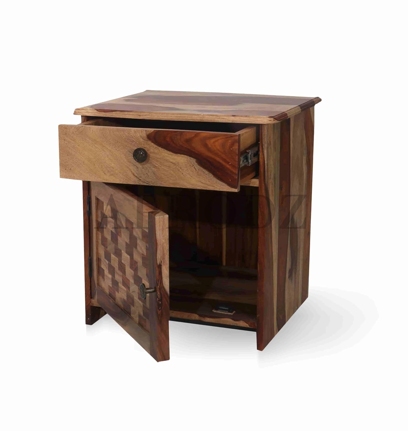 Solid Sheesham Wood Night Stand | End Table Tile Design 1 Drawer and 1 Door Bedside for Bedroom & Living Room (Natural)