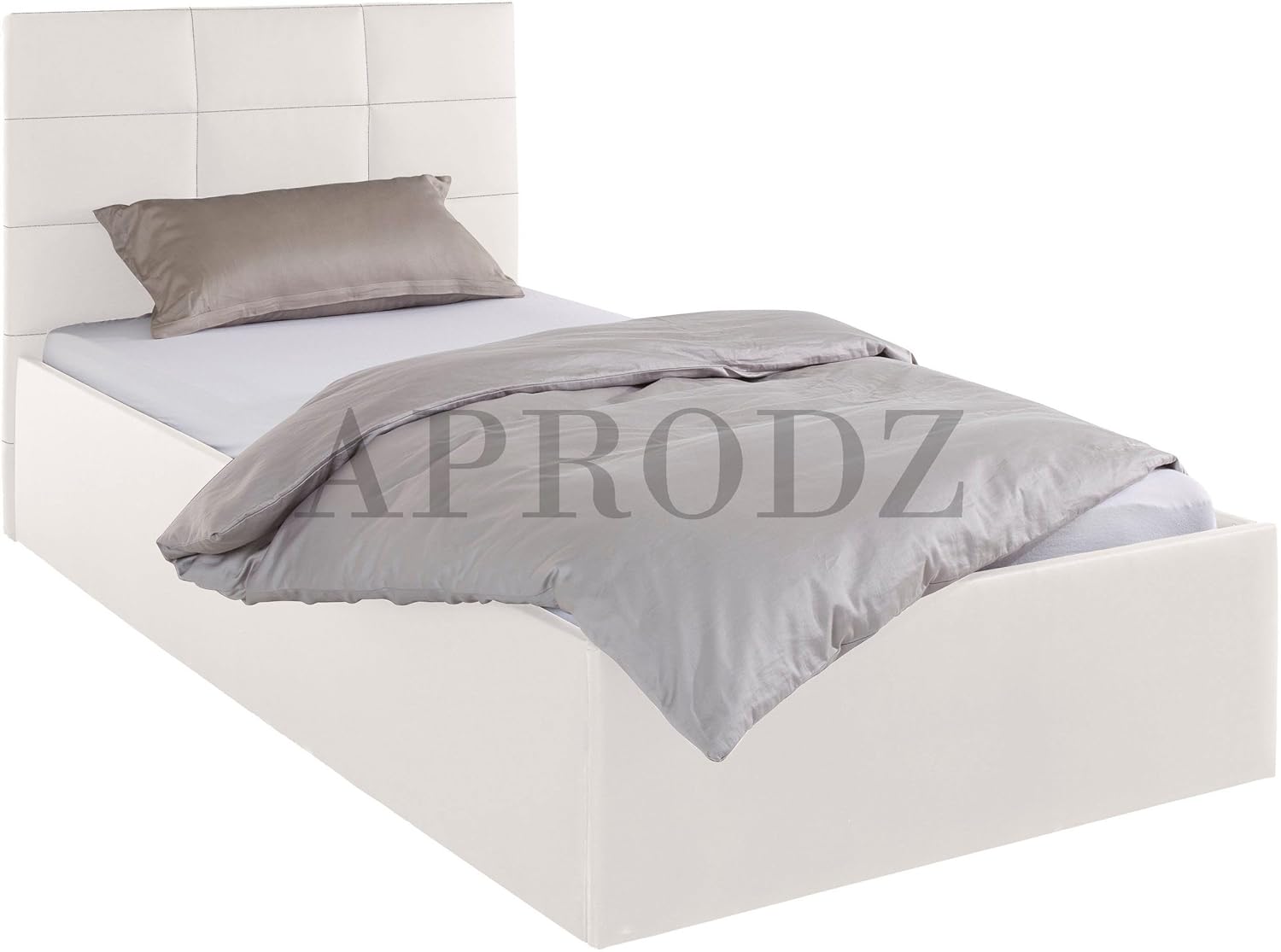 APRODZ Upholstered Single Size Bed with Box Storage (White Leatherette)
