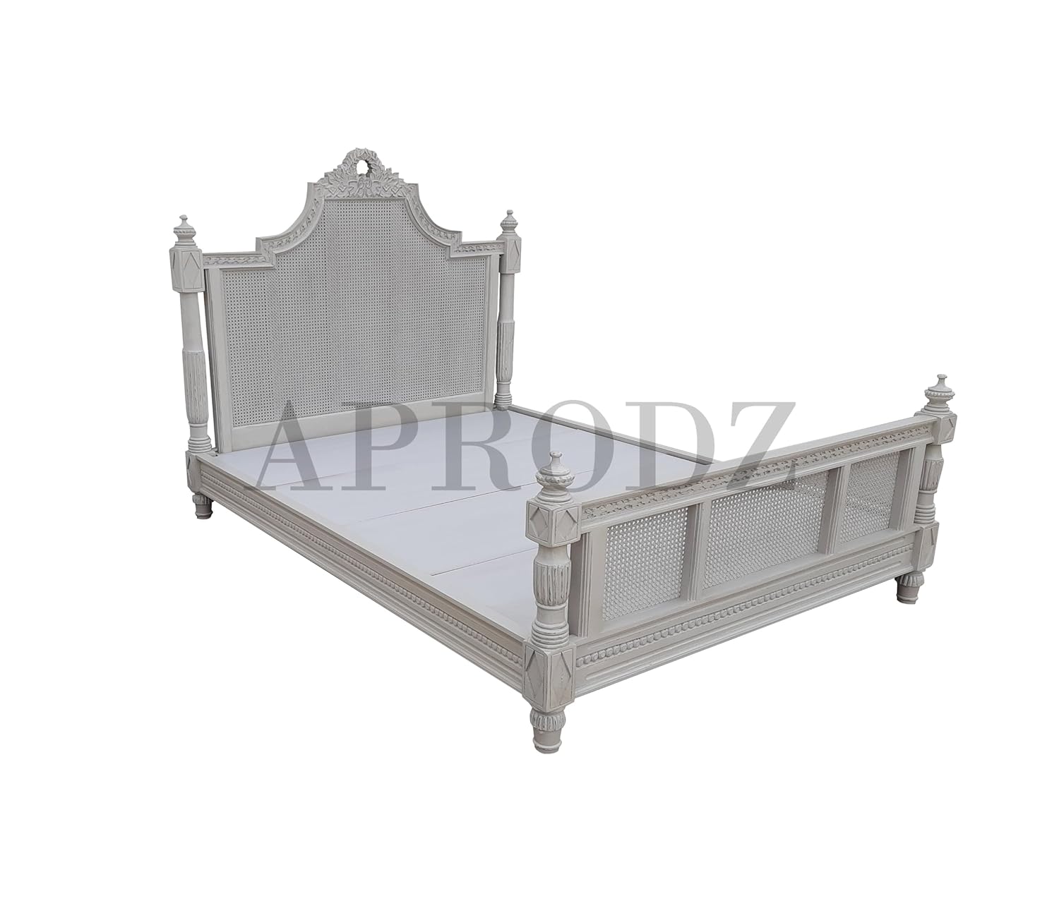 APRODZ Hand-Carved French Cane Bed - Exquisite Artisan Design - Premium Mango Wood in Light Grey
