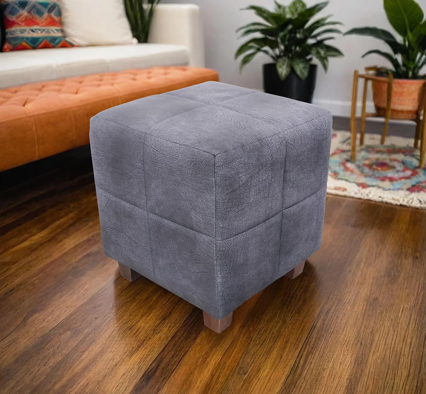 Square Printed Ottoman Stool Upholstered Foam Cushioned Pouffes for Living Room | Puffy Muddha Stool for Footrest & Sitting, Velvet Pouf Stool, Furniture for Home Decor, Office (Navy)