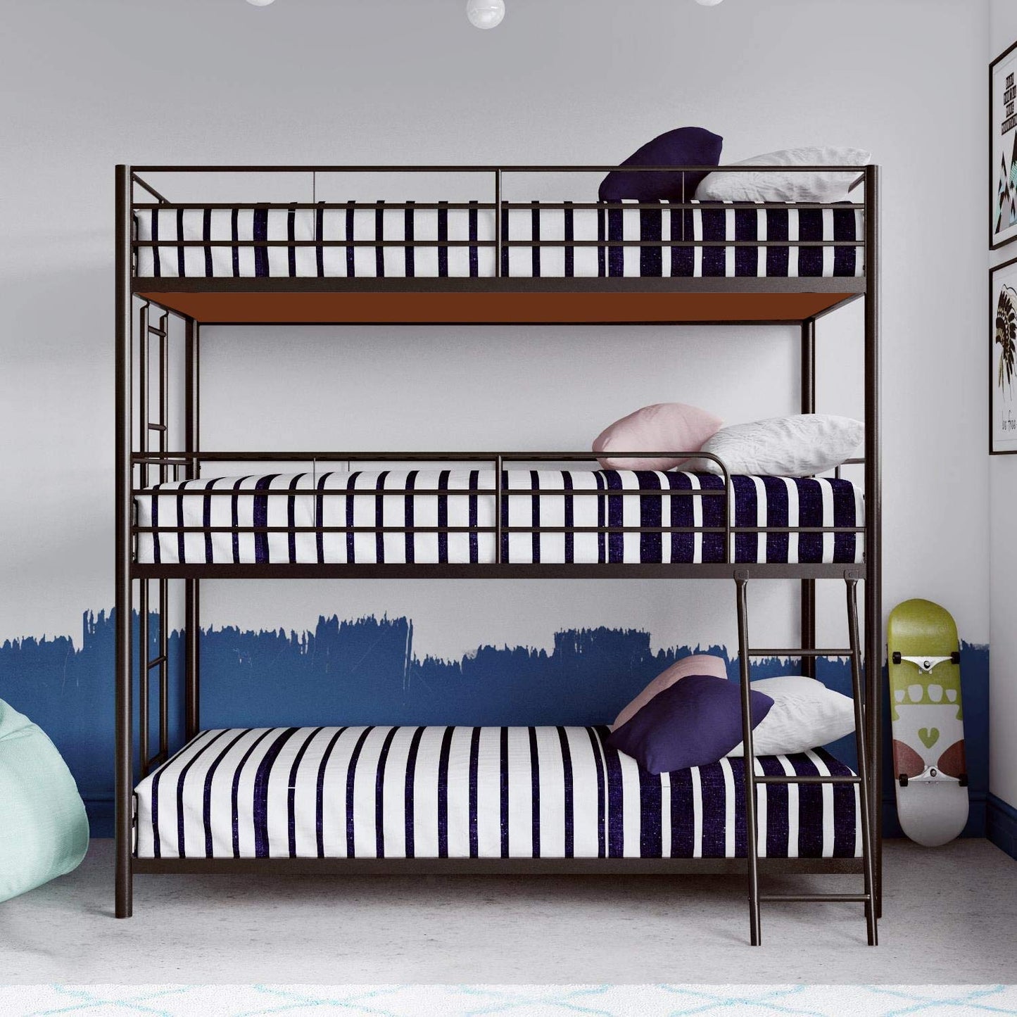 APRODZ Chavez Triple Twin/Twin/Twin Size Metal Triple (3Bed) Bunk Bed (Metal - Black Powdercoated)
