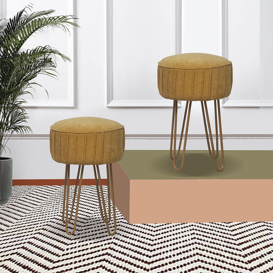 Upholstered and Steel Frame Puffy Stool Grass Green Fabric + Black Powdercoated - Set of 2