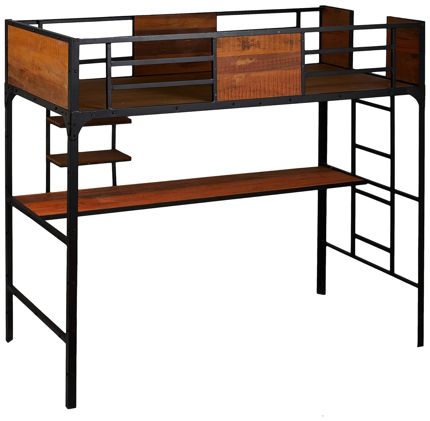 APRODZ Ellison Twin Size Bunk Bed with Work Station (Wood + Metal - Light Walnut and Black)