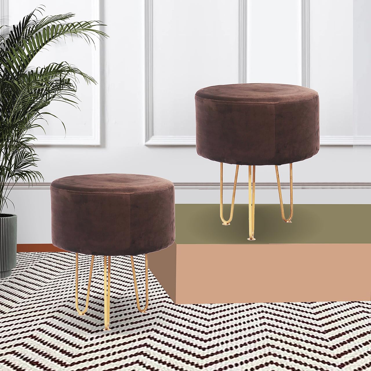 Upholstered and Steel Frame Puffy Stool Grass Green Fabric + Black Powdercoated - Set of 2
