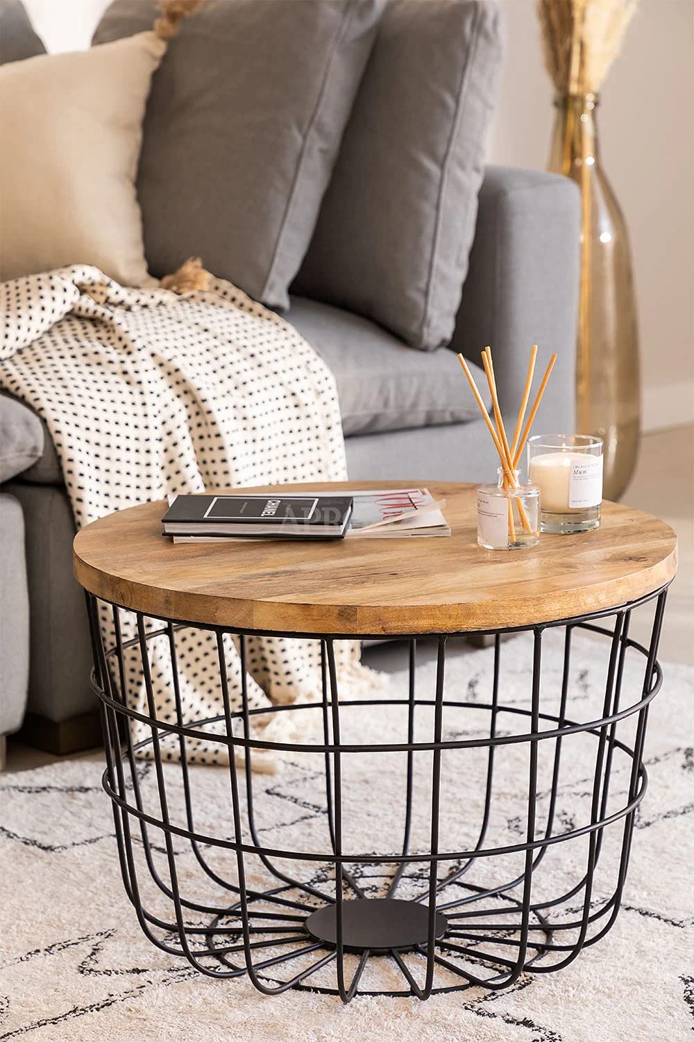 Round Solid Wood Top with Metal Base Coffee Table (Mango Wood - Natural + Black Powder Coated)