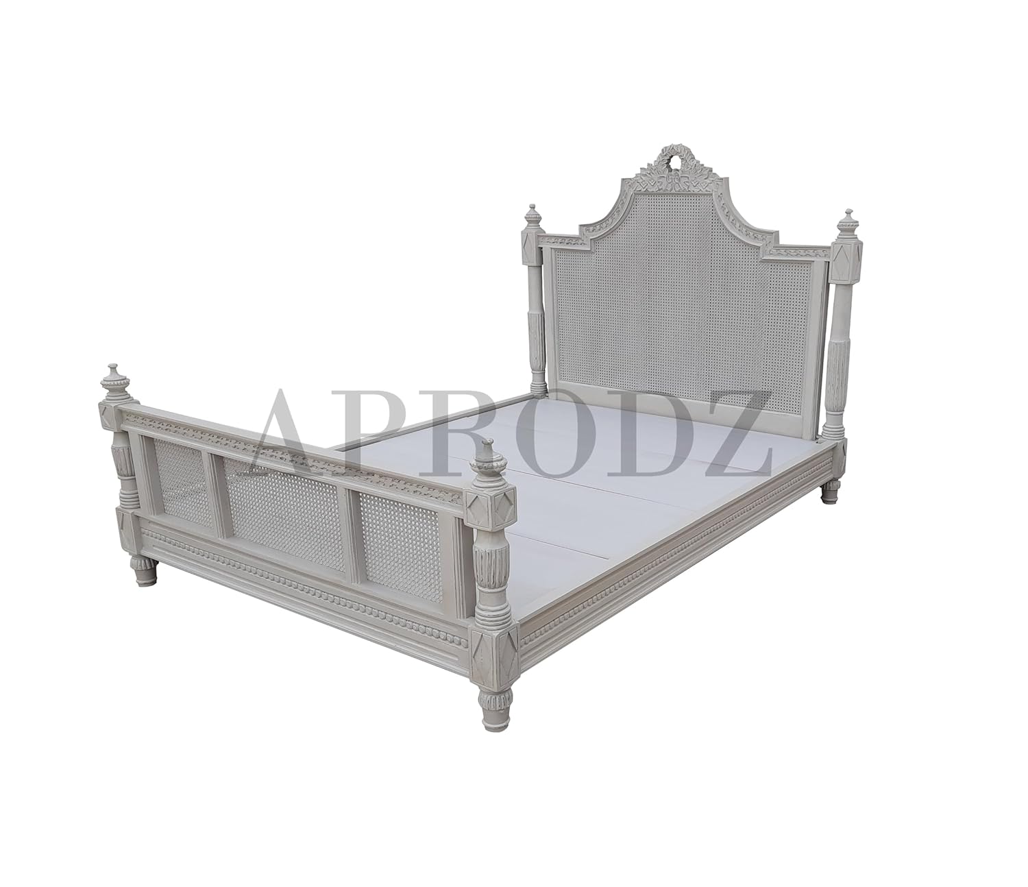 APRODZ Hand-Carved French Cane Bed - Exquisite Artisan Design - Premium Mango Wood in Light Grey